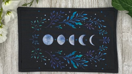 MINI Altar Cloth - Blue Leaves Moon, Traveling Altar Cloth, Portable Altar Cloth, Small Spaces Altar, Home Office Altar