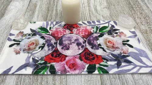 MINI Altar Cloth - Rose Triple Moon, Traveling Altar Cloth, Portable Altar Cloth, Small Spaces Altar, Home Office Altar
