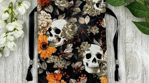Floral Skull Tarot Bag/ Custom Tarot Pouch/ Keepsake Bag / Drawstring Bag / Oracle Bag / Crystal Bag / Tarot Pouch / Cosmetic Bag