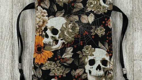 Floral Skull Tarot Bag/ Custom Tarot Pouch/ Keepsake Bag / Drawstring Bag / Oracle Bag / Crystal Bag / Tarot Pouch / Cosmetic Bag